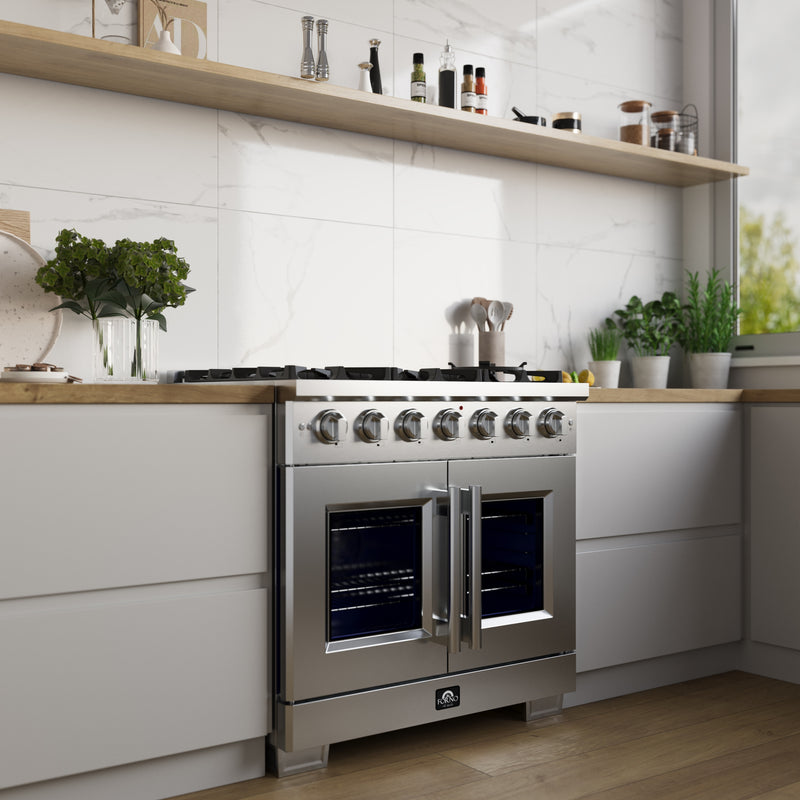 Forno Capriasca 36" Freestanding French Door Gas Range, 6 Burners, Brass Burners, FFSGS6460-36