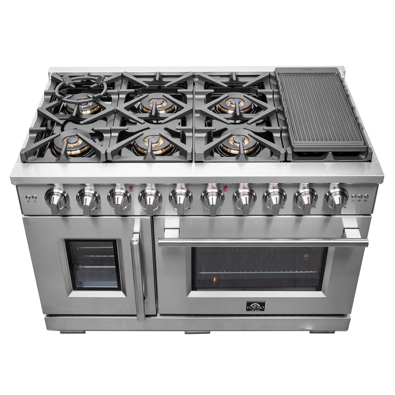 Forno Capriasca 48" Freestanding French Door Gas Range in Stainless Steel, Double Oven, 8 Burners, FFSGS6460-48