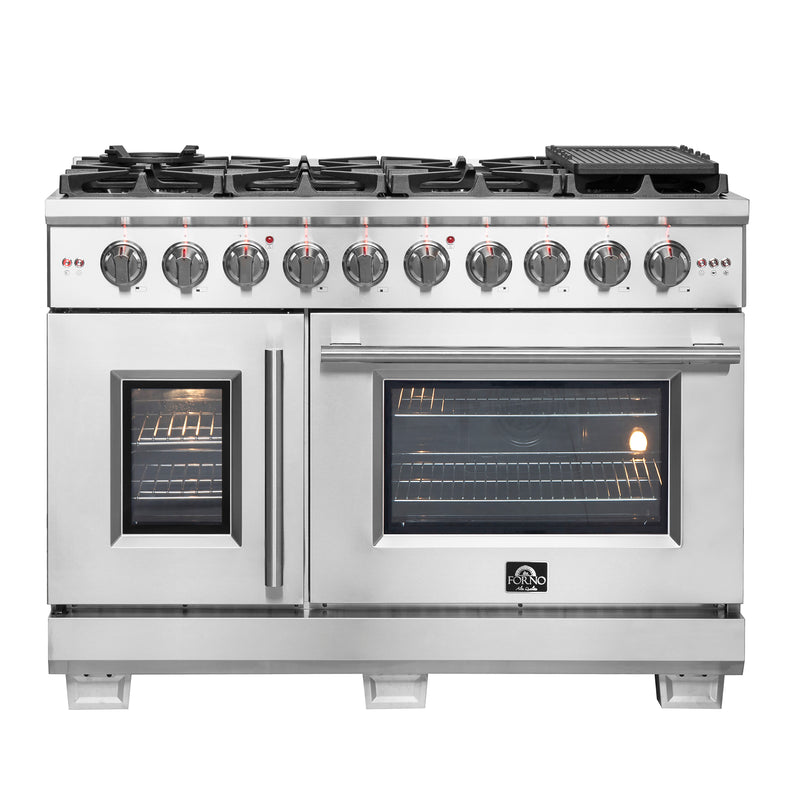 Forno Capriasca 48" Freestanding French Door Gas Range in Stainless Steel, Double Oven, 8 Burners, FFSGS6460-48