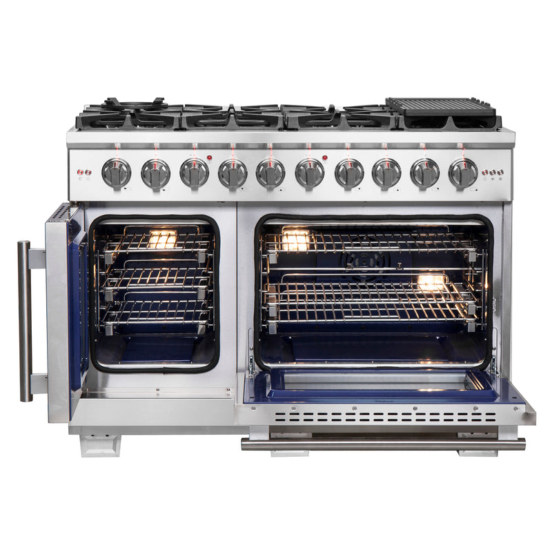 Forno Capriasca 48" Freestanding French Door Gas Range in Stainless Steel, Double Oven, 8 Burners, FFSGS6460-48