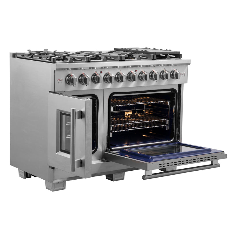 Forno Capriasca 48" Freestanding French Door Gas Range in Stainless Steel, Double Oven, 8 Burners, FFSGS6460-48