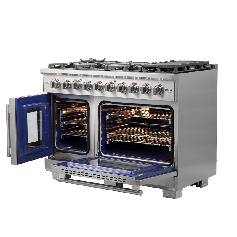 Forno Capriasca 48" Freestanding French Door Gas Range in Stainless Steel, Double Oven, 8 Burners, FFSGS6460-48
