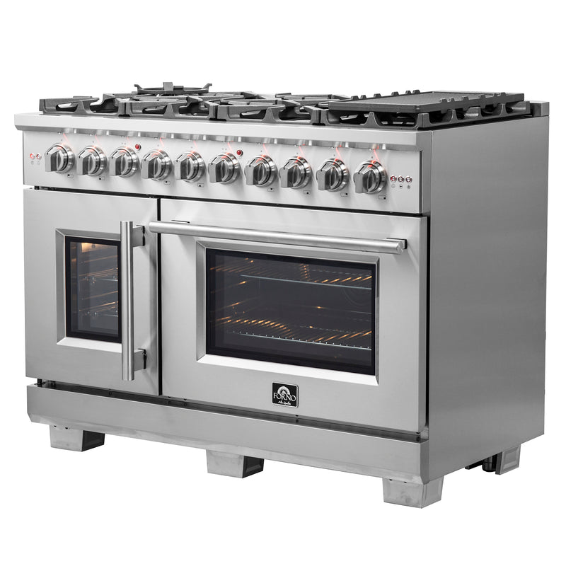 Forno Capriasca 48" Freestanding French Door Gas Range in Stainless Steel, Double Oven, 8 Burners, FFSGS6460-48