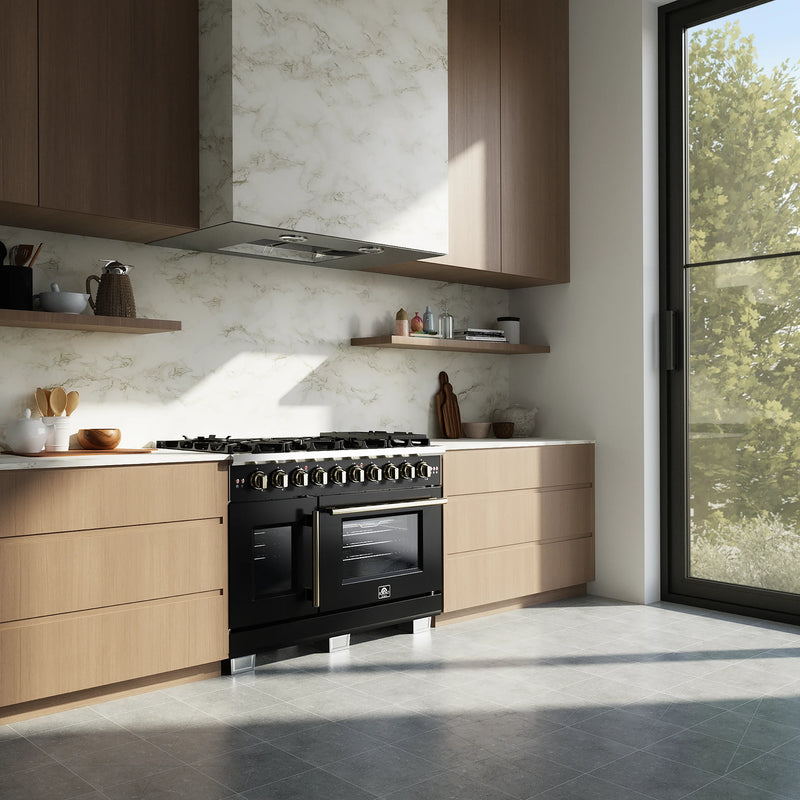 Forno Capriasca 48-Inch Black Freestanding French Door Gas Range, 8 Burners, Convection Oven, Energy Efficient
