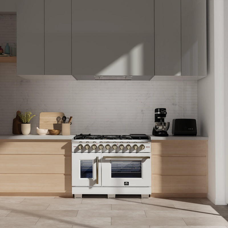 Forno Capriasca 48-Inch White Freestanding French Door Gas Range, 8 Burners, Convection Oven, Energy Efficient