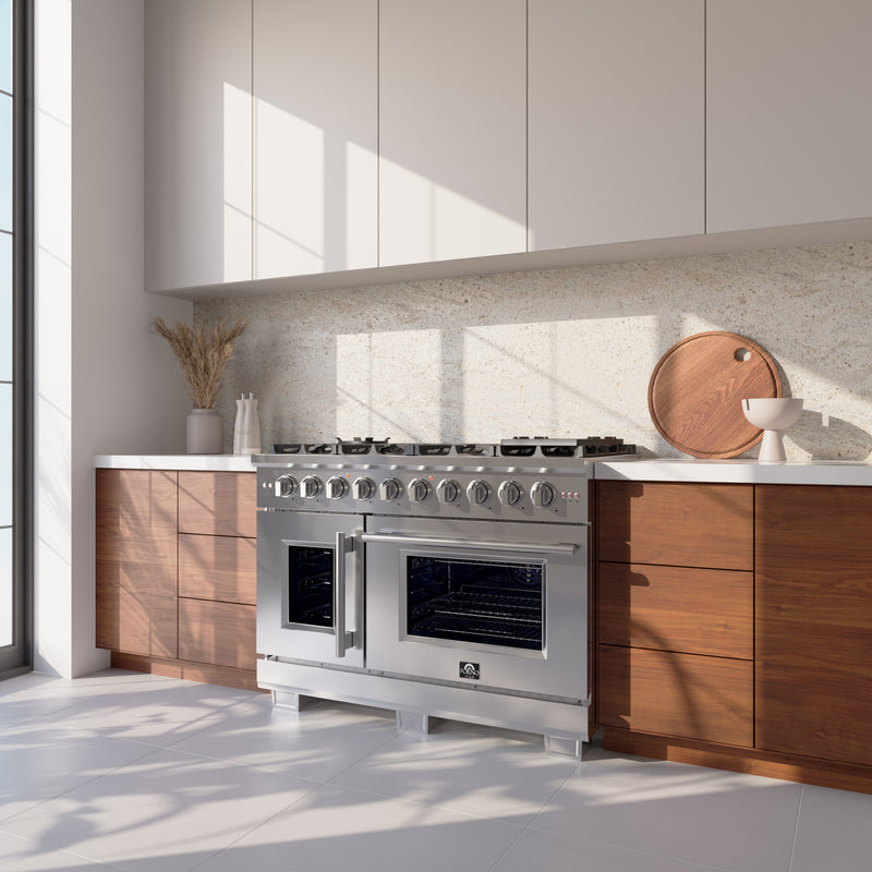Forno Capriasca 48" Freestanding French Door Gas Range in Stainless Steel, Double Oven, 8 Burners, FFSGS6460-48