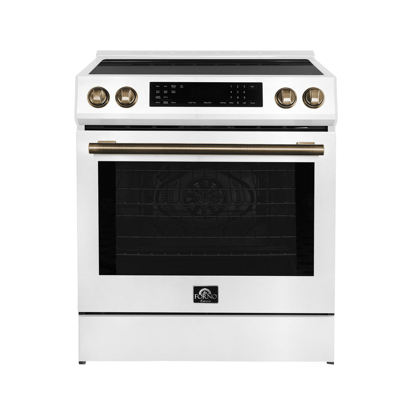 Forno Donatello Espresso 30" Freestanding Induction Range in White, True Convection, Air Fry, with Antique Brass Handles, FFSIN0905-30WHT