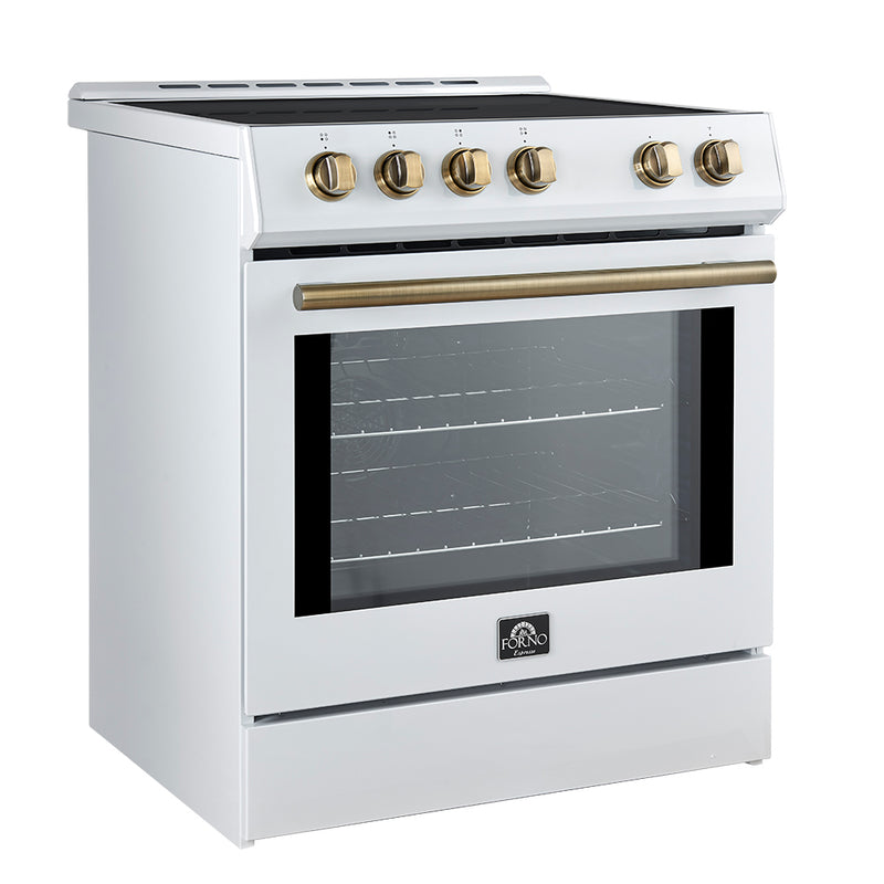 Forno Leonardo Espresso 30" Freestanding Induction Range in White, True Convection, with Antique Brass Handles, FFSIN0982-30WHT