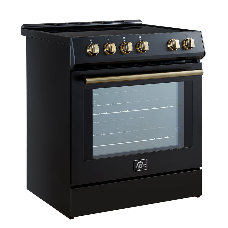 Forno Leonardo Espresso 30" Freestanding Induction Range in Black, True Convection, with Antique Brass Handles, FFSIN0982-30BLK