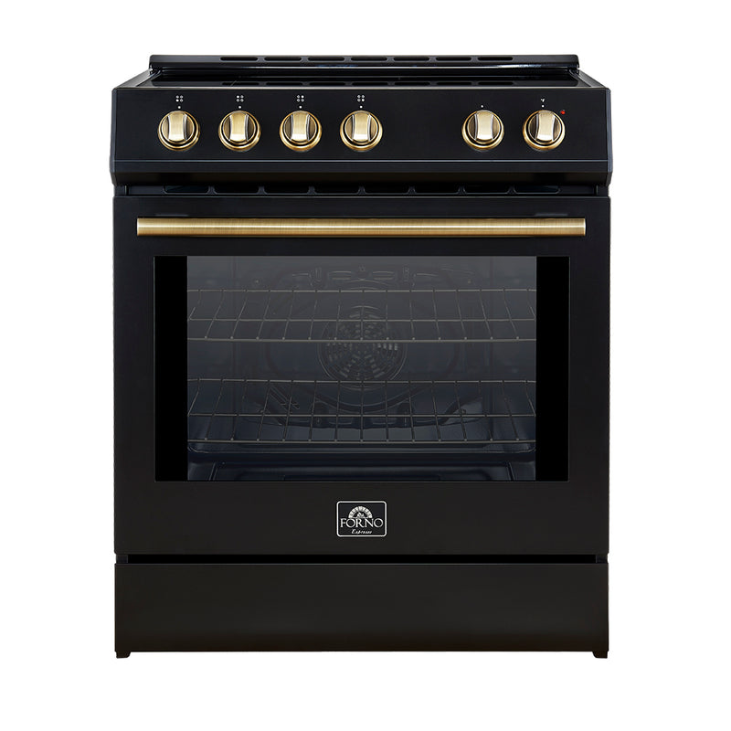 Forno Leonardo Espresso 30" Freestanding Induction Range in Black, True Convection, with Antique Brass Handles, FFSIN0982-30BLK