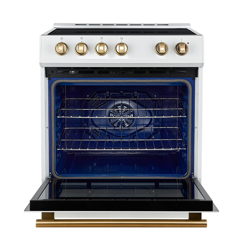 Forno Leonardo Espresso 30" Freestanding Induction Range in White, True Convection, with Antique Brass Handles, FFSIN0982-30WHT