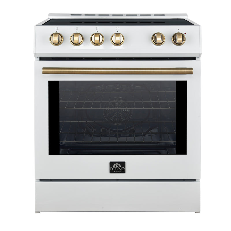 Forno Leonardo Espresso 30" Freestanding Induction Range in White, True Convection, with Antique Brass Handles, FFSIN0982-30WHT