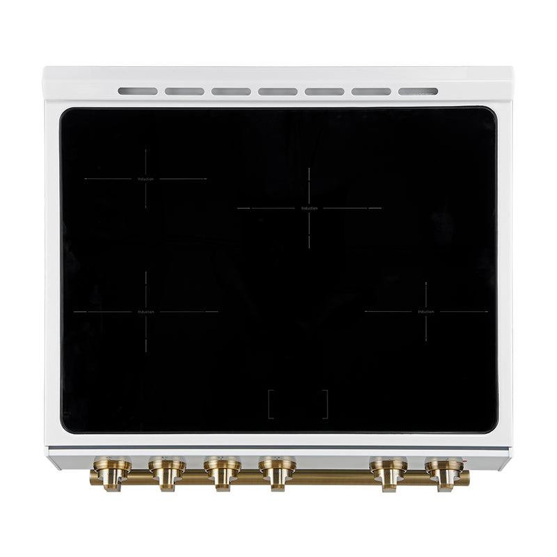 Forno Leonardo Espresso 30" Freestanding Induction Range in White, True Convection, with Antique Brass Handles, FFSIN0982-30WHT