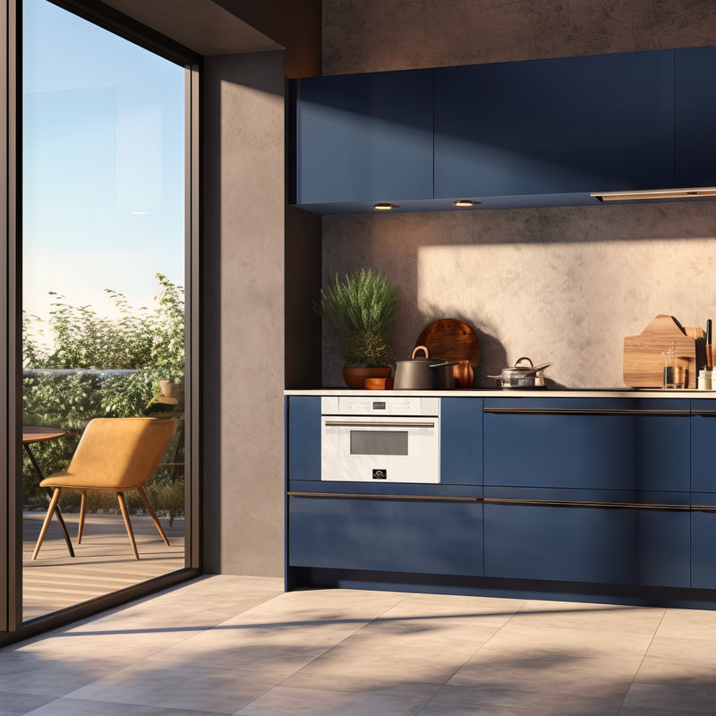 Forno Espresso Capoliveri 30" 1.2 cu. ft. Built-In Microwave Drawer in White, 1000 Watts, with Antique Brass Handles, FMWDR3000-30WHT