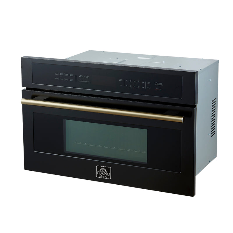 Forno Espresso Oliena 30" 1.6 cu. ft. Built-In Microwave Oven in Black, 1000W/1750W, with Antique Brass Handles, FMWDR3093-30BLK