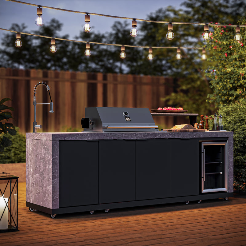 Forno Rimini 30" Outdoor Kitchen with 62,600 BTU BBQ, 3 Burners with Sear & Rotisserie, 2.4 cu.ft. Beverage Center, Stainless Steel Sink, Black Cabinets & Gray Sintered Stone Countertops, FODKT2544BLK