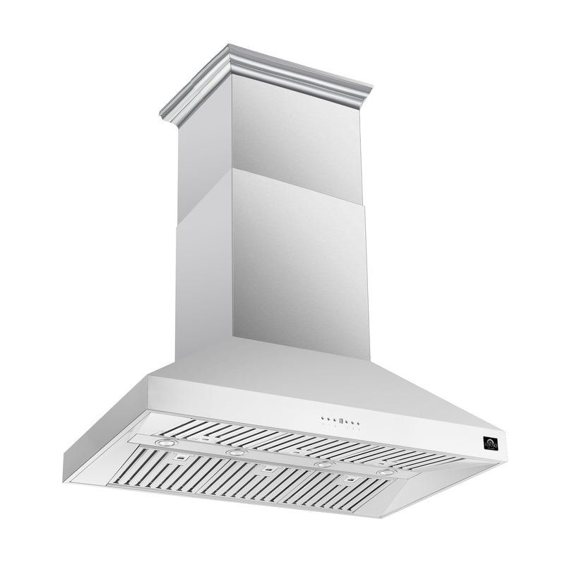 Stainless steel range hood on a white background