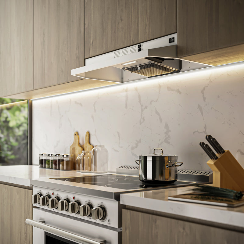 Forno Cappa 30" 200 CFM Under Cabinet Range Hood in White, Convertible Ventilation, LED Lighting, FRHUC5200-30WHT