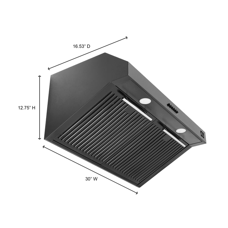 Forno Bari Espresso 30" 600 CFM Under Cabinet Range Hood in Black, LED Lighting, with Stainless Steel Handles, FRHUC5255-30BLK