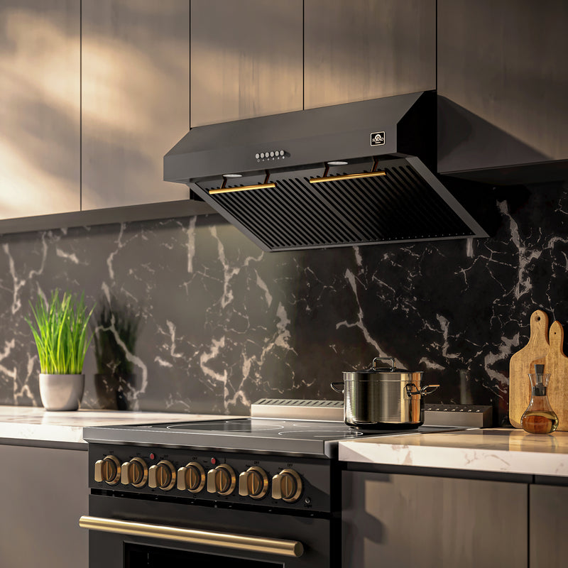 Forno Bari Espresso 30" 600 CFM Under Cabinet Range Hood in Black, LED Lighting, with Stainless Steel Handles, FRHUC5255-30BLK