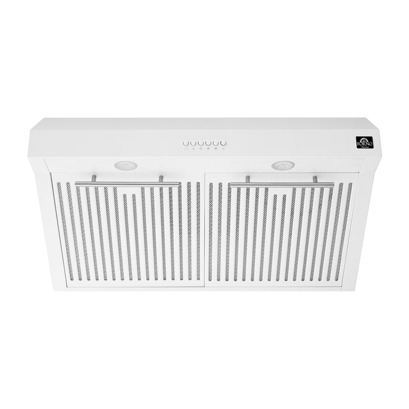 FORNO 4-Piece Appliance Package- 30" Electric Range, Under Cabinet Range Hood, 31" Refrigerator, and Built-In Dishwasher in White with Antique Brass Trim, FBDL-006-03US