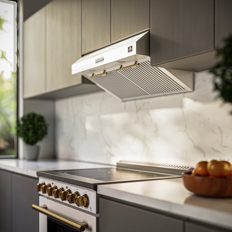 Forno Bari Espresso 30" 600 CFM Under Cabinet Range Hood in White, LED Lighting, with Antique Brass Handles, FRHUC5255-30WHT