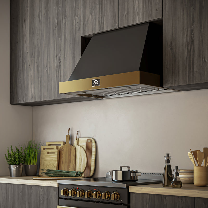 Forno Vittorio 36" 600 CFM Wall Mount Range Hood in Black, Baffle Filters, with Antique Brass Handles, FRHWM5078-36BLK