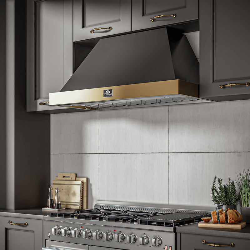 Forno Vittorio 48" 600 CFM Wall Mount Range Hood in Black, Baffle Filters, with Antique Brass Handles, FRHWM5078-48BLK