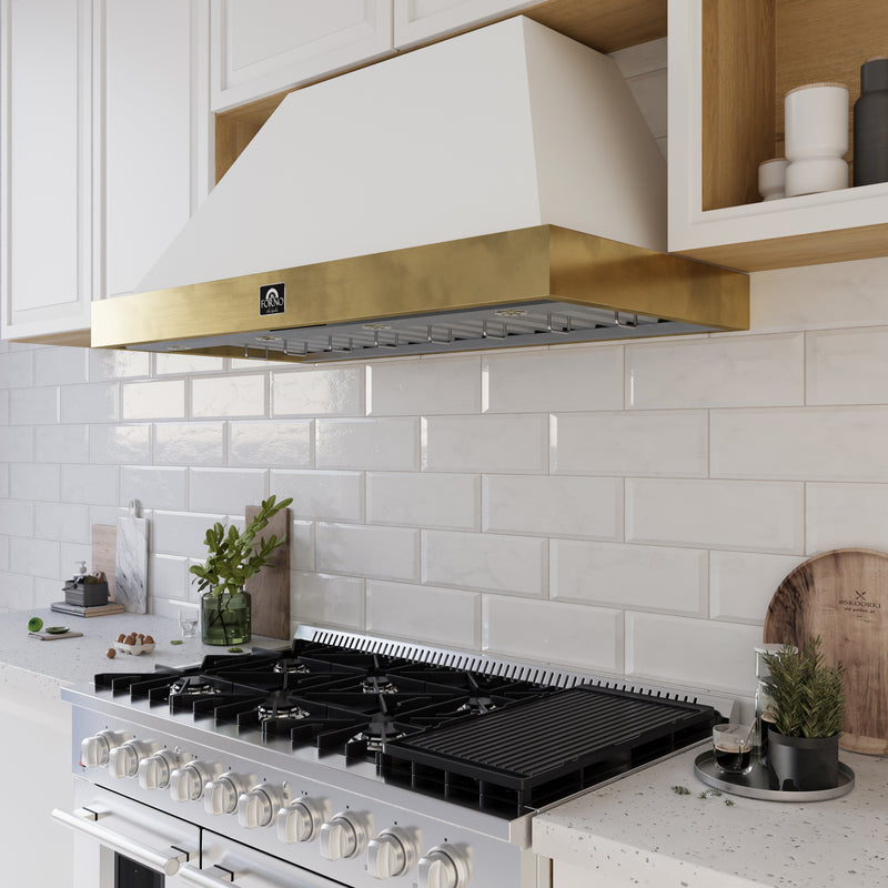 Forno Vittorio 48" 600 CFM Wall Mount Range Hood in White, Baffle Filters, with Antique Brass Handles, FRHWM5078-48WHT
