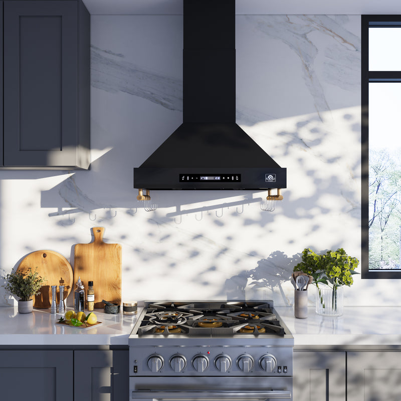 Forno Venezia 30" 370 CFM Wall-Mounted Range Hood in Black with Antique Brass Handles, FRHWM5503-30BLK