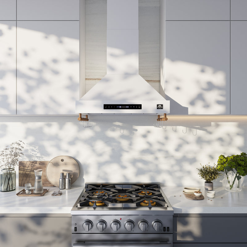 Forno Venezia 30" 370 CFM Wall-Mounted Range Hood in White with Antique Brass Handles, FRHWM5503-30WHT