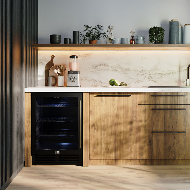 Forno Frescolino 24" Freestanding Beverage Cooler in Black, 188 Can Capacity, Triple-Layer Anti-UV Glass, Antique Brass Handles, FWCDR6665-24BLK