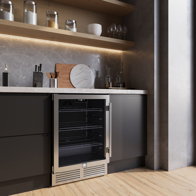 Forno Frescolino 24" Freestanding Beverage Cooler in Stainless Steel, 188 Can Capacity, Triple-Layer Anti-UV Glass Door, LED Interior Lighting, FWCDR6665-24S