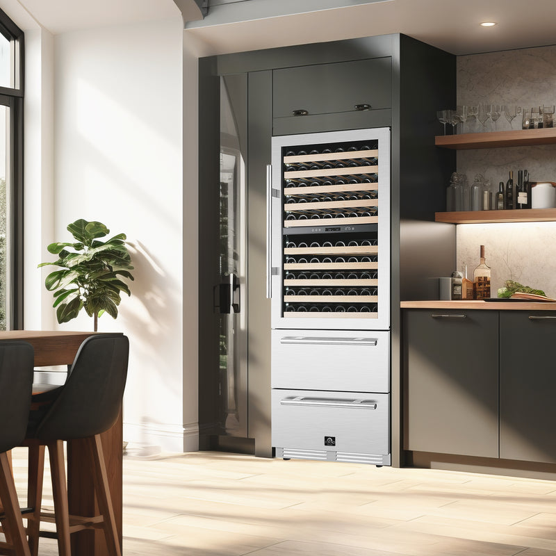 Forno Celano 30" Dual Zone Wine Cooler and Beverage Cooler in Stainless Steel, 21.3 cu.ft Capacity, 150 Bottle Storage, UV-Resistant Glass, FWCDR6697-30S