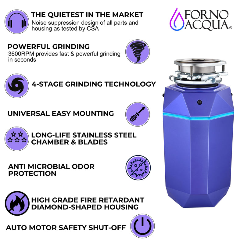 Forno ACQUA BrightDIAMOND 1HP Garbage Disposal with Motion Sensor LED Light, Air Switch, 4-Stage Grinding, WDD100TA1AM