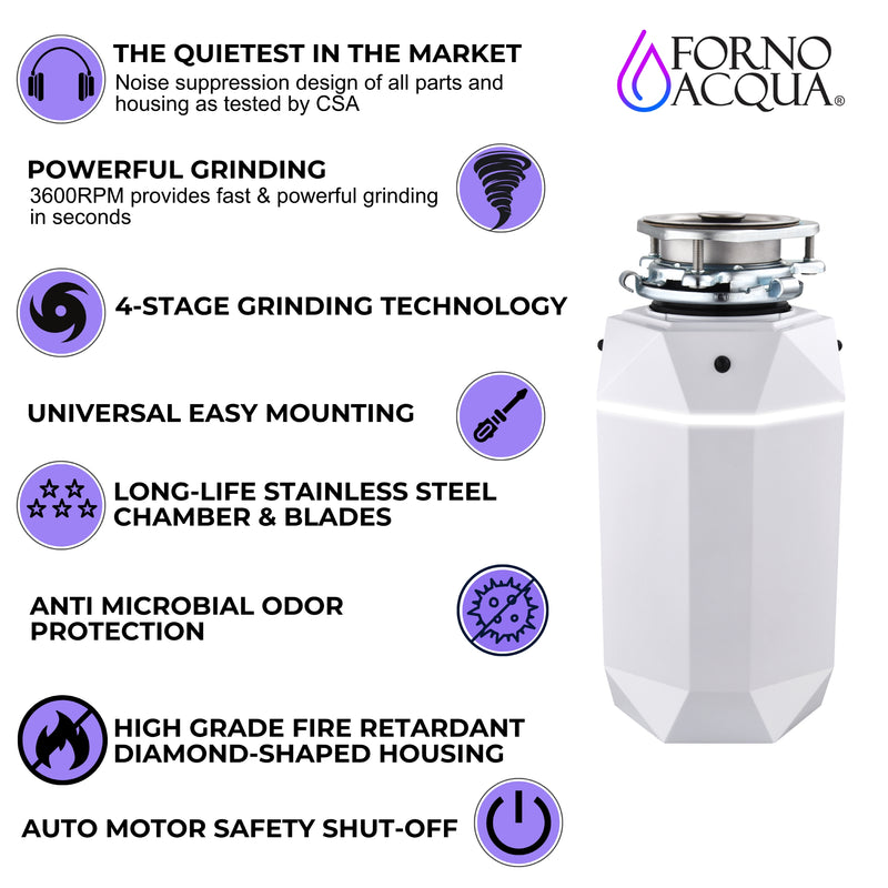 Forno ACQUA BrightDIAMOND Moonstone 3/4HP Garbage Disposal with Motion Sensor LED Light, Pre-Wired Air Switch, Stainless Steel Chamber, WDD075TA2MS