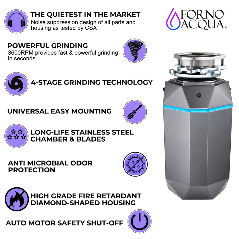Forno ACQUA 1HP Garbage Disposal with Motion Sensor LED Light, Air Switch, 4-Stage Grinding, WDD100TA1BO