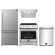 Set of stainless steel kitchen appliances including a refrigerator, oven, range hood, and dishwasher on a white background.
