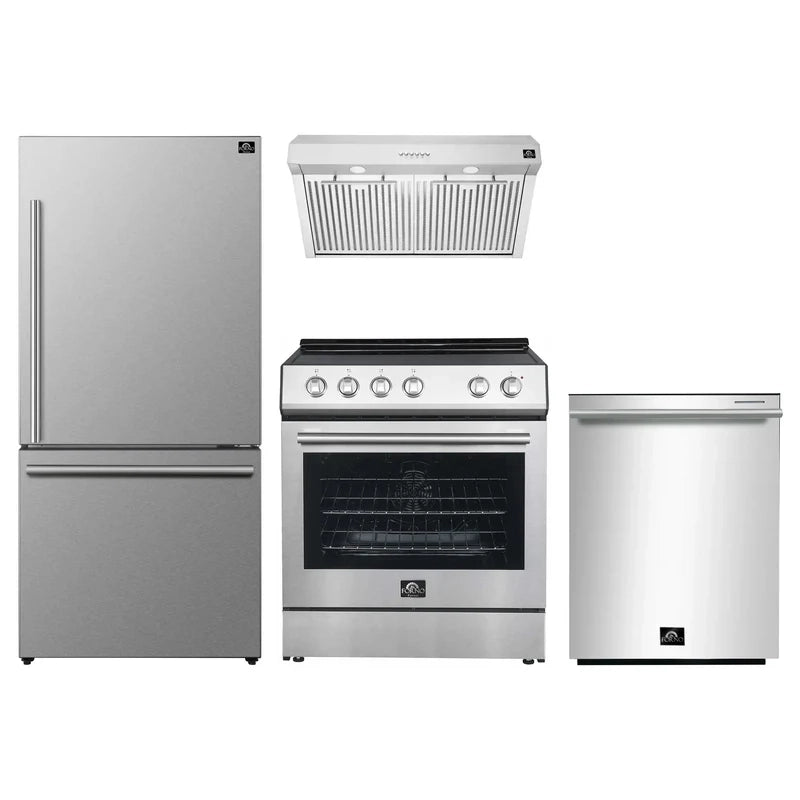 Set of stainless steel kitchen appliances including a refrigerator, oven, range hood, and dishwasher on a white background.