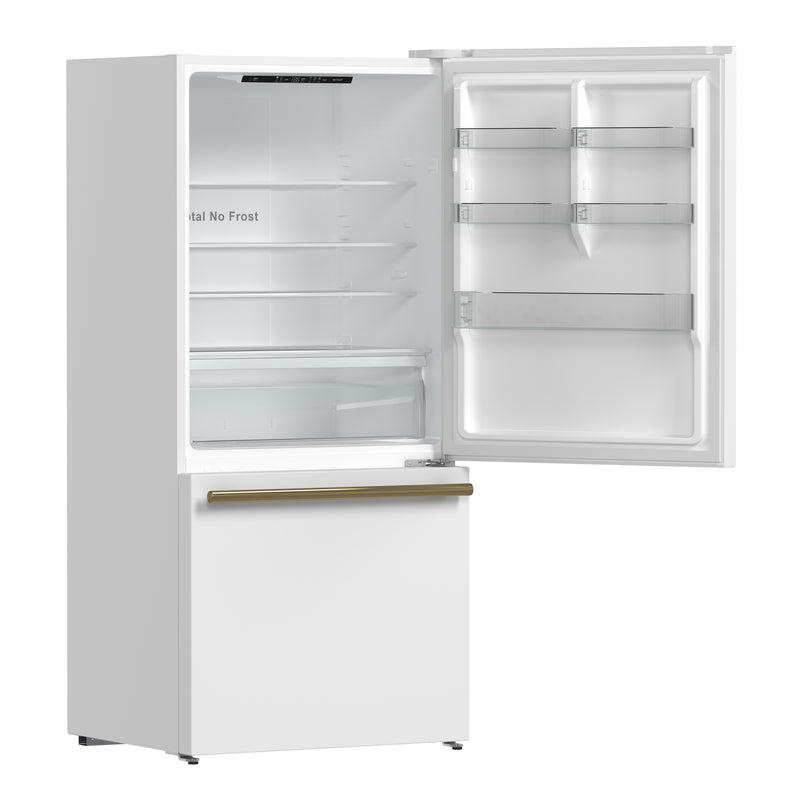Forno Milano Espresso 31" Freestanding Bottom Freezer Refrigerator in White with 17.2 cu. ft., Counter-Depth, Antique Brass Handles, Right Swing, FFFFD1785-31WHT
