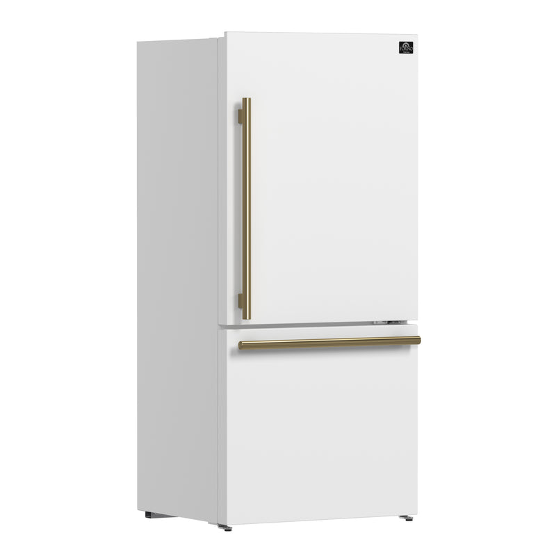 Forno Milano Espresso 62" Freestanding Dual Bottom Freezer Refrigerator in White, 34.4 cu.ft Capacity, Ice Maker, with Antique Brass Handles, FFFFD1787-60WHT