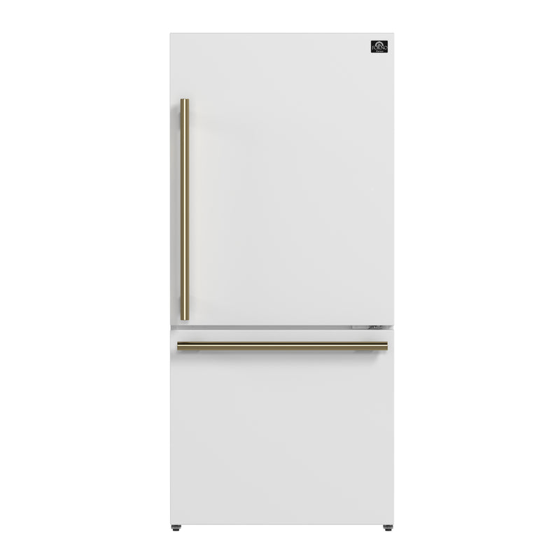 Forno Milano Espresso 62" Freestanding Dual Bottom Freezer Refrigerator in White, 34.4 cu.ft Capacity, Ice Maker, with Antique Brass Handles, FFFFD1787-60WHT