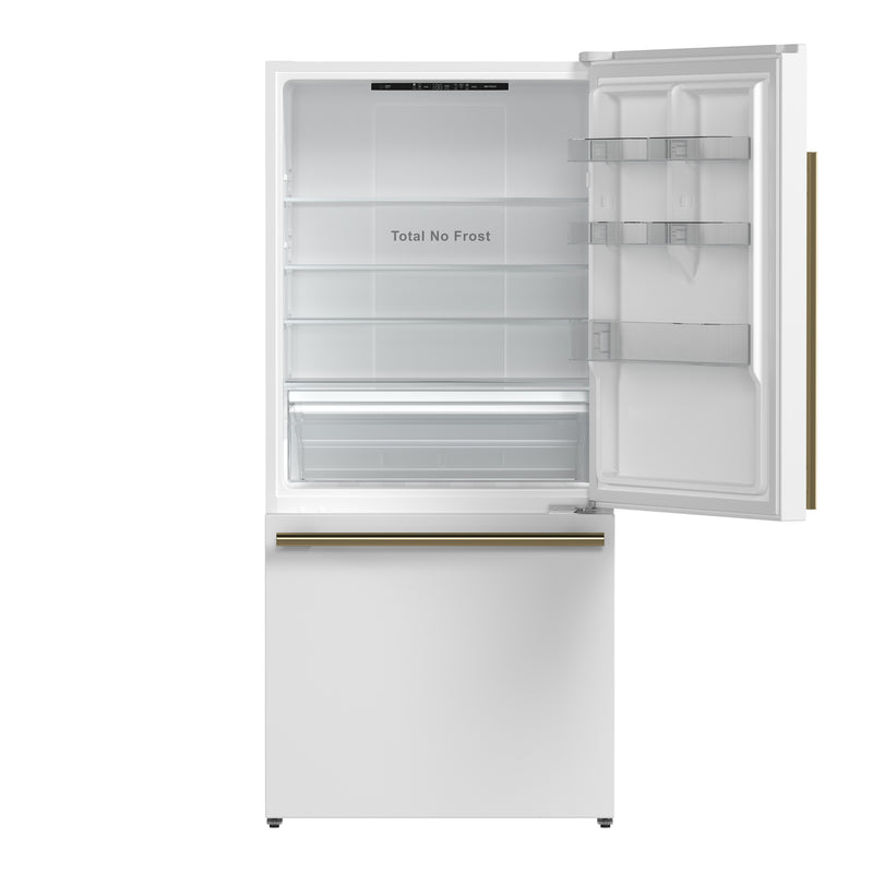 Forno Milano Espresso 31" Freestanding Bottom Freezer Refrigerator in White with 17.2 cu. ft., Counter-Depth, Antique Brass Handles, Right Swing, FFFFD1785-31WHT