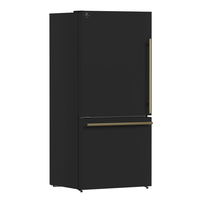 Forno Milano Espresso 31" Freestanding Bottom Freezer Refrigerator in Black, 17.2 cu. ft., Antique Brass Handles, FFFFD1786-31BLK