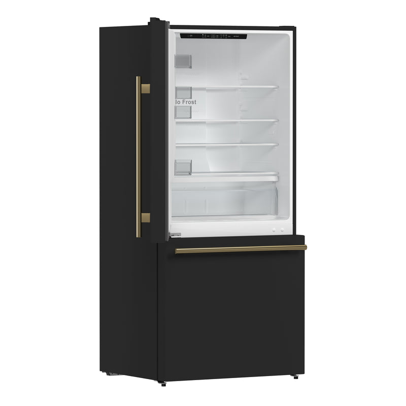 Forno Milano Espresso 31" Freestanding Bottom Freezer Refrigerator in Black, 17.2 cu. ft., Antique Brass Handles, FFFFD1786-31BLK