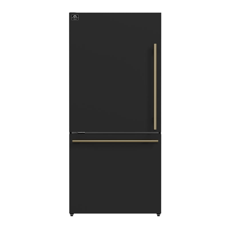 Forno Milano Espresso 62" Freestanding Dual Bottom Freezer Refrigerator in Black with 34.4 cu.ft Capacity, Ice Maker, Digital Touch Control, with Antique Brass Handles, FFFFD1787-60BLK