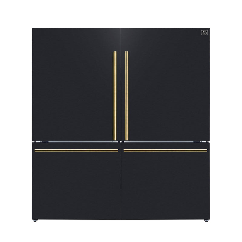 Forno Milano Espresso 62" Freestanding Dual Bottom Freezer Refrigerator in Black with 34.4 cu.ft Capacity, Ice Maker, Digital Touch Control, with Antique Brass Handles, FFFFD1787-60BLK