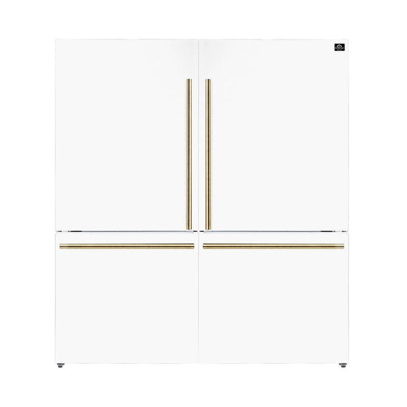 Forno Milano Espresso 62" Freestanding Dual Bottom Freezer Refrigerator in White, 34.4 cu.ft Capacity, Ice Maker, with Antique Brass Handles, FFFFD1787-60WHT
