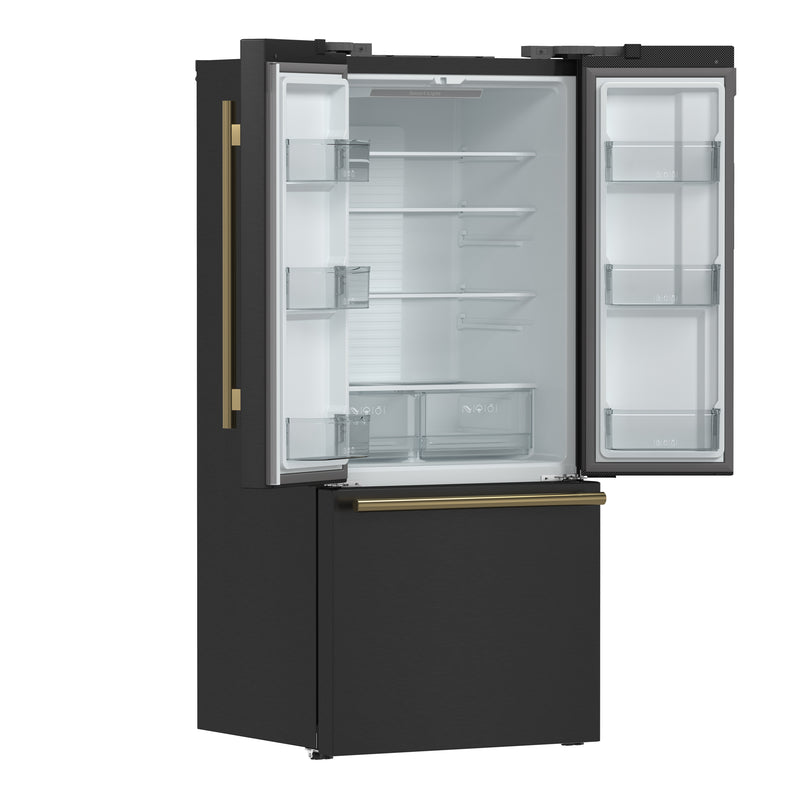 Forno Espresso Gallipoli 30" Freestanding French Door Refrigerator in Black with 17.5 cu. ft. Capacity, Antique Brass Handle, FFFFD1974-31BLK