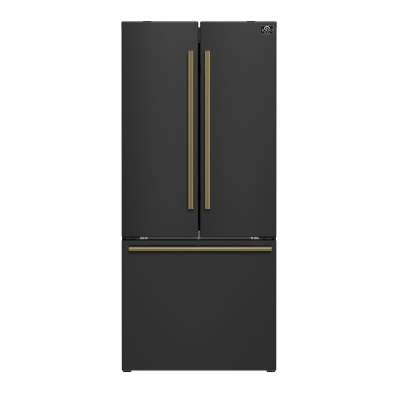 Forno Espresso Gallipoli 30" Freestanding French Door Refrigerator in Black with 17.5 cu. ft. Capacity, Antique Brass Handle, FFFFD1974-31BLK